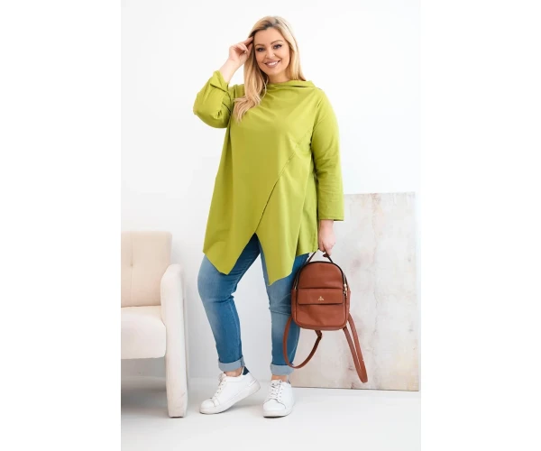 Bluzka damska bawełniana Plus Size asymetryczna z podwijanym rękawem oliwkowa-2