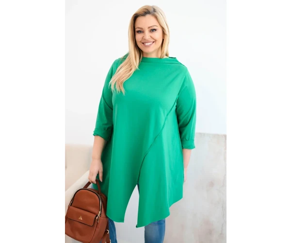 Bluzka damska bawełniana Plus Size asymetryczna z podwijanym rękawem zielona-1