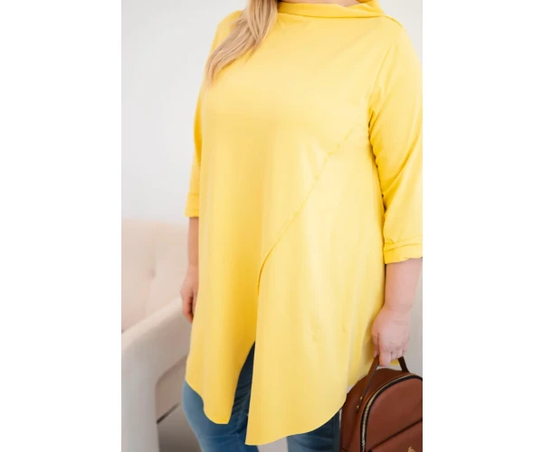 Bluzka damska bawełniana Plus Size asymetryczna z podwijanym rękawem żółta-3