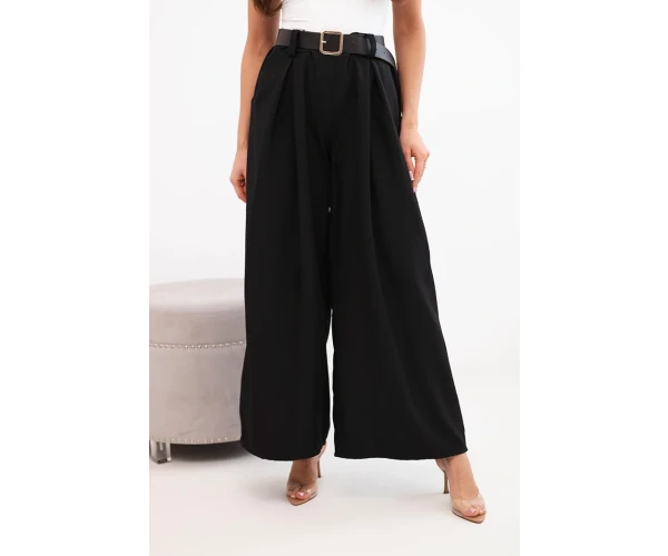 Spodnie damskie z szeroką nogawką i paskiem czarne-1