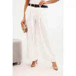 Spodnie damskie z szeroką nogawką i paskiem ecru-1