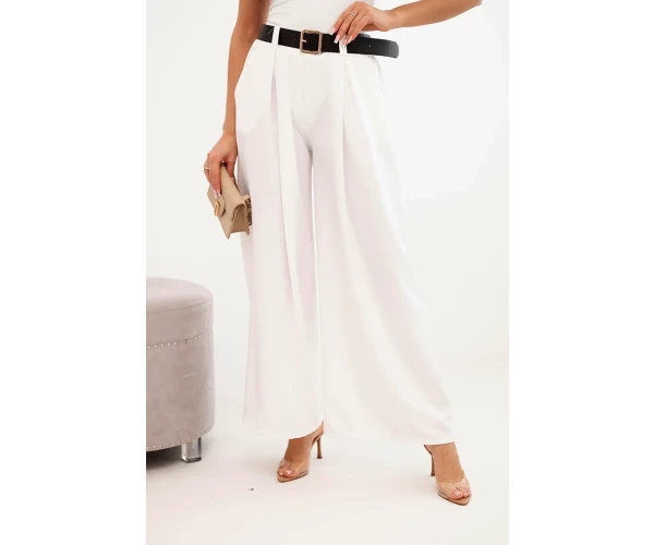 Spodnie damskie z szeroką nogawką i paskiem ecru-1