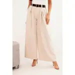 Spodnie damskie z szeroką nogawką i paskiem jasno beżowe-1