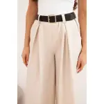 Spodnie damskie z szeroką nogawką i paskiem jasno beżowe-4