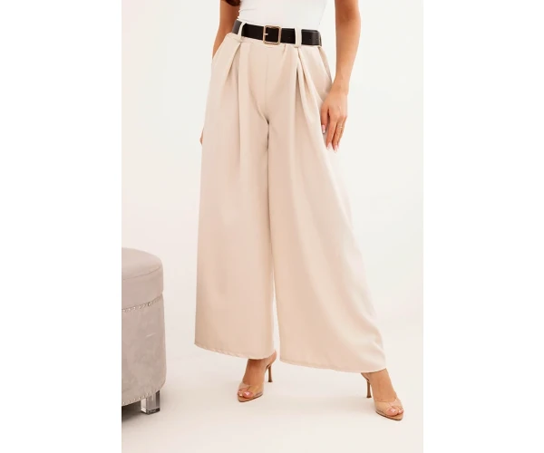 Spodnie damskie z szeroką nogawką i paskiem jasno beżowe-1