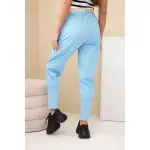 Spodnie damskie bawełniane z wysokim stanem i paskiem niebieskie-3