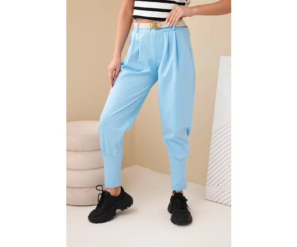 Spodnie damskie bawełniane z wysokim stanem i paskiem niebieskie-1