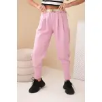 Spodnie damskie bawełniane z wysokim stanem i paskiem ciemno różowe-1