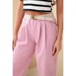 Spodnie damskie bawełniane z wysokim stanem i paskiem ciemno różowe-4