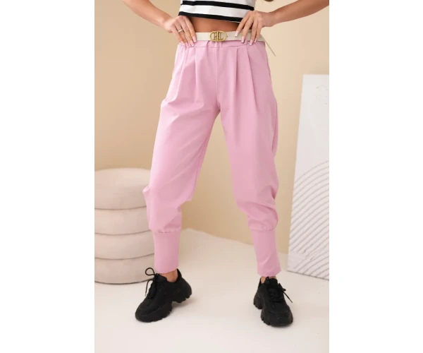 Spodnie damskie bawełniane z wysokim stanem i paskiem ciemno różowe-1