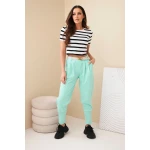 Spodnie damskie bawełniane z wysokim stanem i paskiem miętowe-2