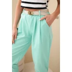 Spodnie damskie bawełniane z wysokim stanem i paskiem miętowe-4