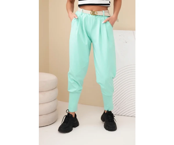 Spodnie damskie bawełniane z wysokim stanem i paskiem miętowe-1