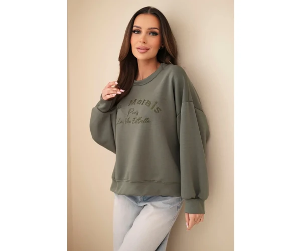 Bluza damska masełkowa z haftem o luźnym kroju khaki-1