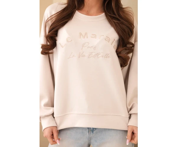 Bluza damska masełkowa z haftem o luźnym kroju beżowa-2