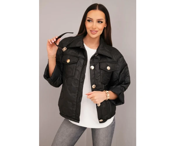 Kurtka damska wiosenna pikowana z kwiatowym wzorem czarna-1