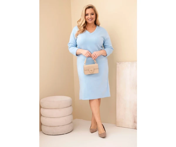 Sukienka damska Plus Size masełkowa z dekoltem V i rękawem niebieska-2