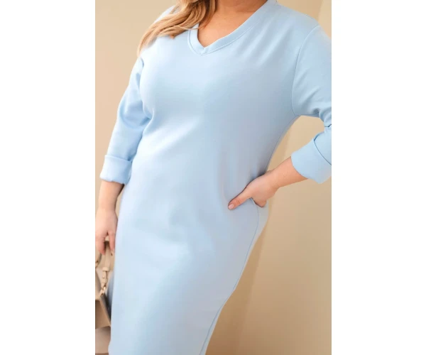 Sukienka damska Plus Size masełkowa z dekoltem V i rękawem niebieska-4