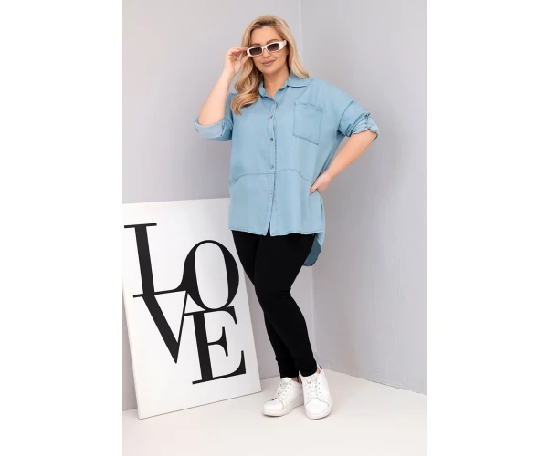 Koszula damska Plus Size z lyocellu z przedłużanym tyłem i rękawem na guzik jasno jeansowa-2