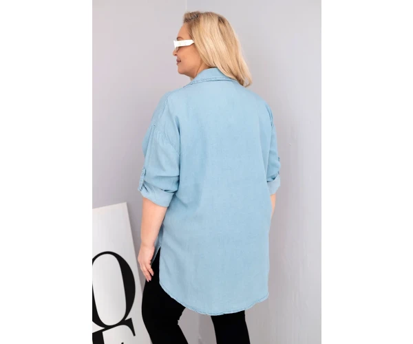 Koszula damska Plus Size z lyocellu z przedłużanym tyłem i rękawem na guzik jasno jeansowa-3