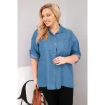 Koszula damska Plus Size z lyocellu z przedłużanym tyłem i rękawem na guzik jeansowa-1