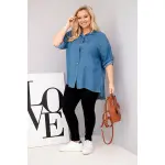 Koszula damska Plus Size z lyocellu z przedłużanym tyłem i rękawem na guzik jeansowa-2