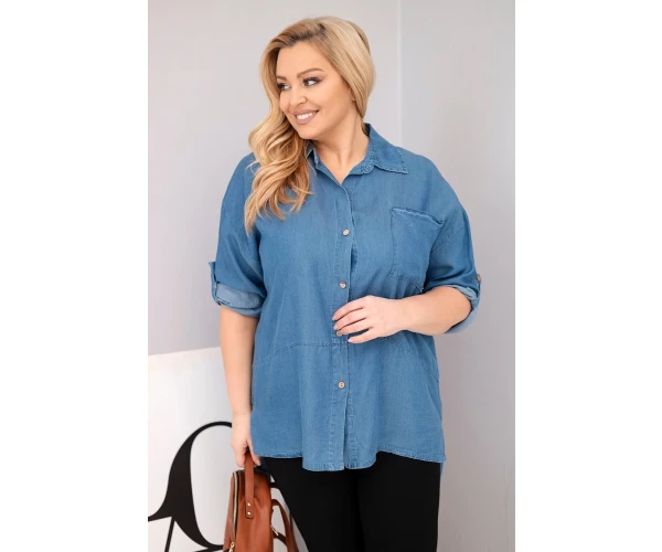 Koszula damska Plus Size z lyocellu z przedłużanym tyłem i rękawem na guzik jeansowa-1