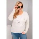 Bluzka damska Plus Size przecierana z napisem Love You More beżowa-1