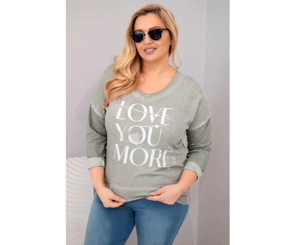 Bluzka damska Plus Size przecierana z napisem Love You More khaki-1