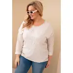 Bluzka damska Plus Size przecierana z napisem i perełkami beżowa-1