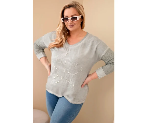 Bluzka damska Plus Size przecierana z napisem i perełkami khaki-1