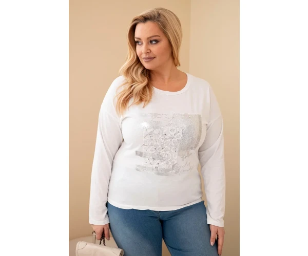Bluzka damska Plus Size przecierana z nadrukiem i dłuższym tyłem biała-1