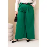 Spodnie damskie Plus Size wiskozowe z szeroką nogawką i paskiem zielone-1