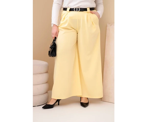 Spodnie damskie Plus Size wiskozowe z szeroką nogawką i paskiem żółte-1