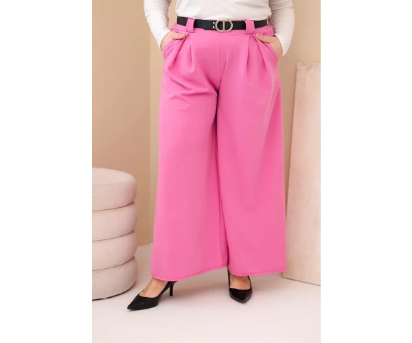 Spodnie damskie Plus Size wiskozowe z szeroką nogawką i paskiem różowe-1