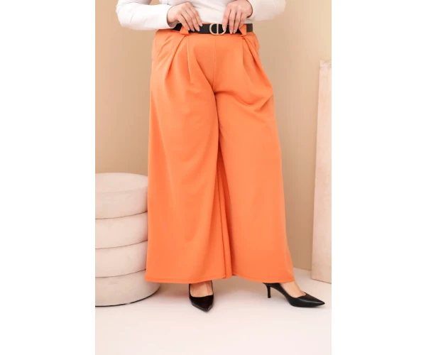 Spodnie damskie Plus Size wiskozowe z szeroką nogawką i paskiem morelowe-1