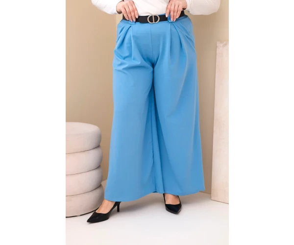 Spodnie damskie Plus Size wiskozowe z szeroką nogawką i paskiem niebieskie-1
