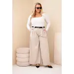 Spodnie damskie Plus Size wiskozowe z szeroką nogawką i paskiem beżowe-2