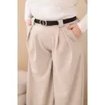 Spodnie damskie Plus Size wiskozowe z szeroką nogawką i paskiem beżowe-4