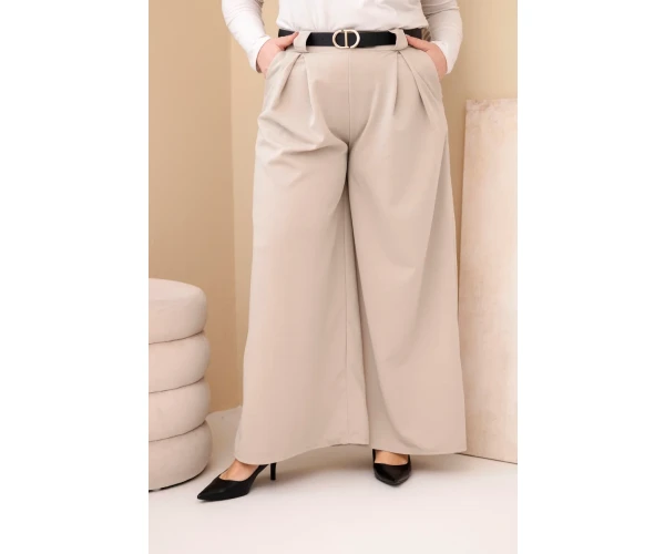 Spodnie damskie Plus Size wiskozowe z szeroką nogawką i paskiem beżowe-1