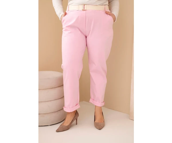 Spodnie damskie bawełniane Plus Size z paskiem jasno różowe-1