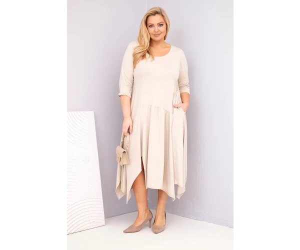 Sukienka damska bawełniana Plus Size z asymetrycznym dołem beżowa-1