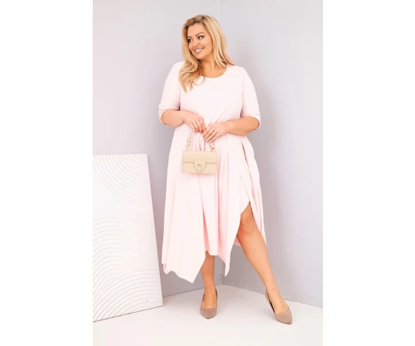 Sukienka damska bawełniana Plus Size z asymetrycznym dołem pudrowy róż-1