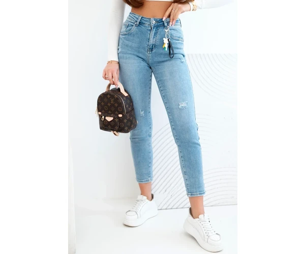 Spodnie damskie jeansowe mom fit z wysokim stanem i delikatnymi przetarciami-1