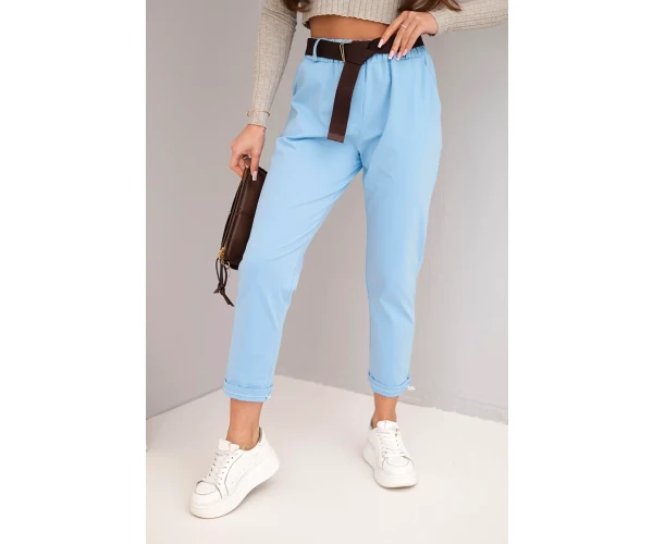 Spodnie damskie bawełniane z paskiem i podwijaną nogawką niebieskie-1