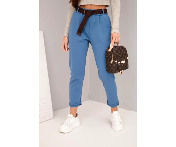 Spodnie damskie bawełniane z paskiem i podwijaną nogawką jeansowe-1