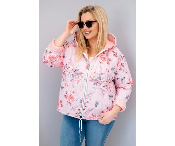 Kurtka damska wiosenna pikowana Plus Size z kapturem i kwiatowym wzorem pudrowy róż-1