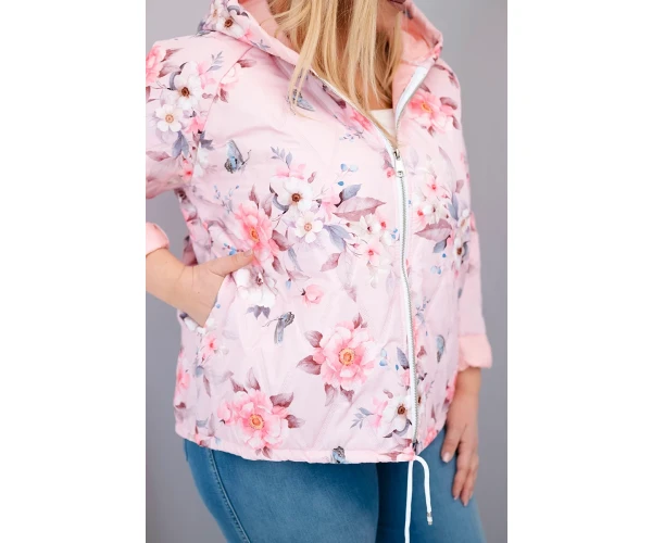 Kurtka damska wiosenna pikowana Plus Size z kapturem i kwiatowym wzorem pudrowy róż-4