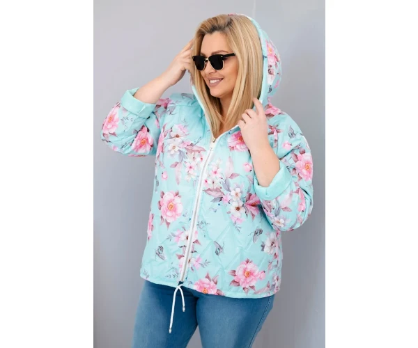 Kurtka damska wiosenna pikowana Plus Size z kapturem i kwiatowym wzorem miętowa-1