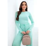 Komplet damski wiskozowy z bluzką i szerokimi spodniami miętowy-1